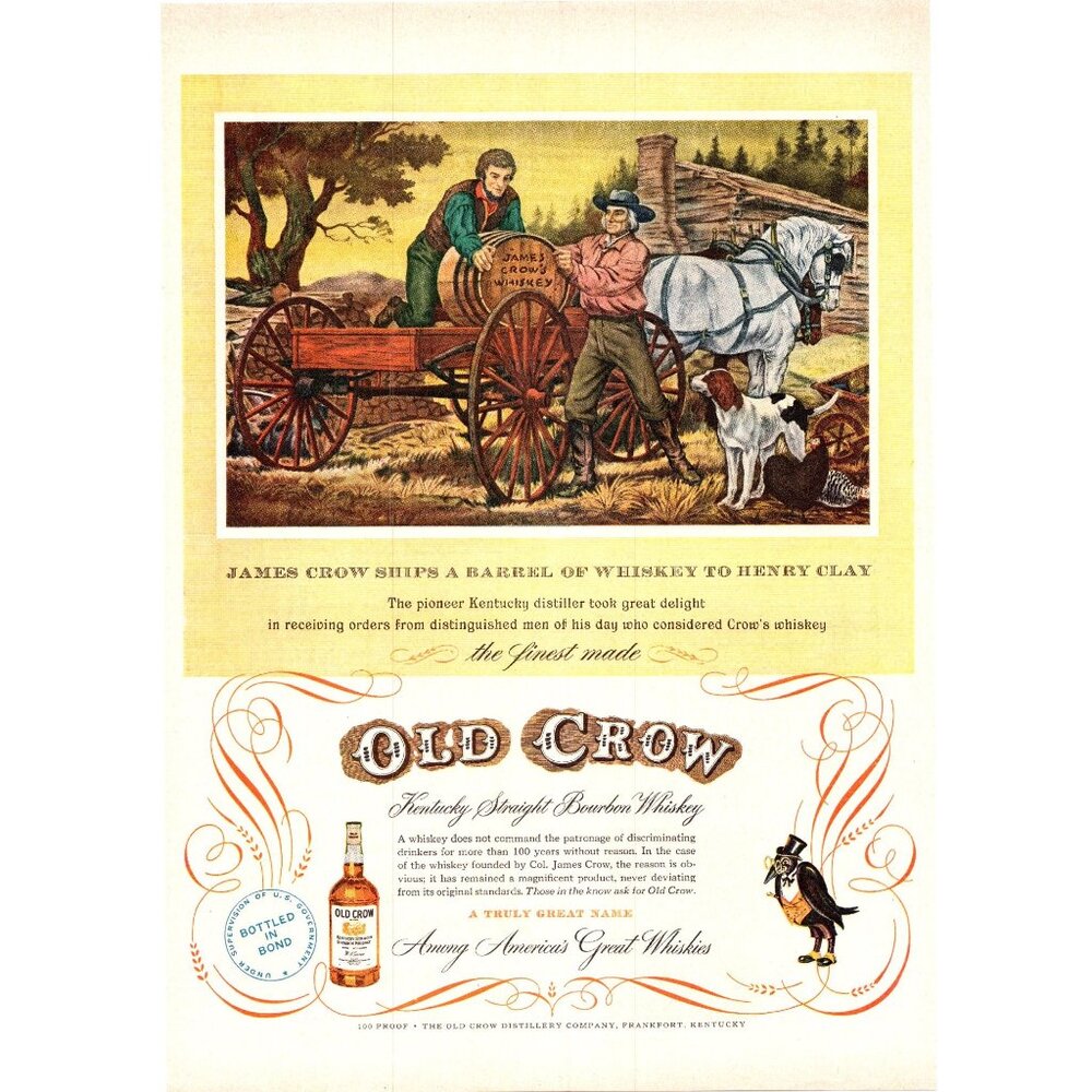 1951 Old Crow Kentucky Bourbon Vintage Print Ad White Horse Wagon Cabin Wall Art